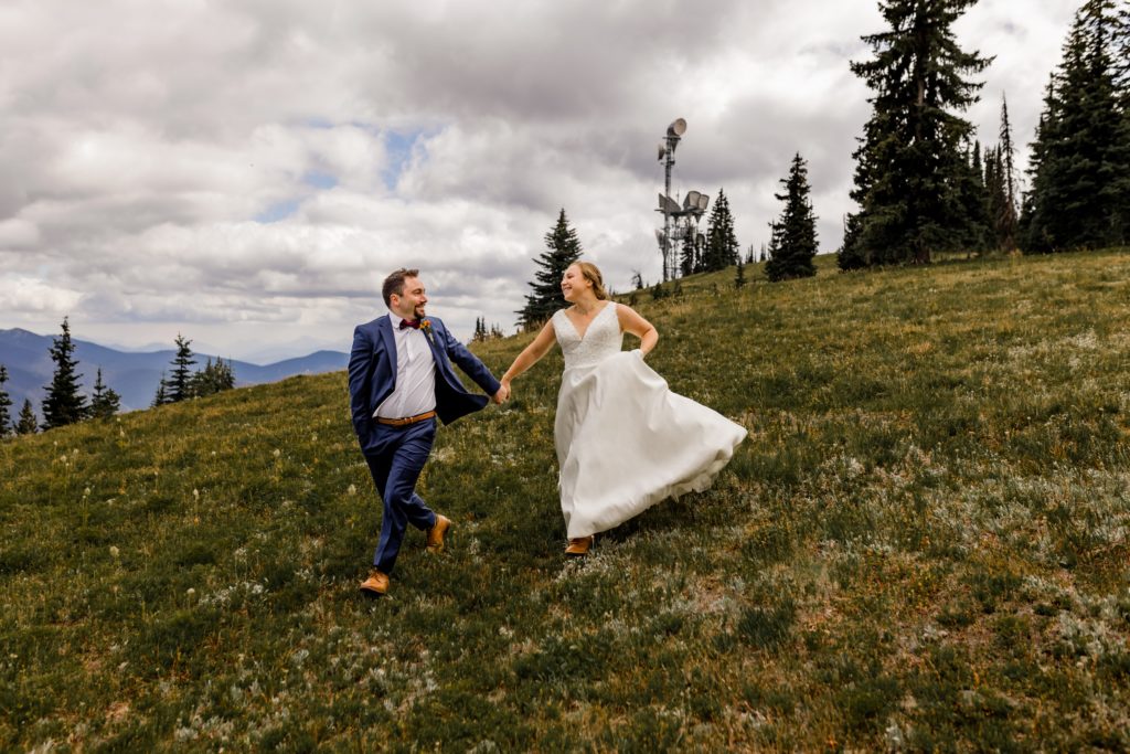 bride and groom in alpine meadows manning park