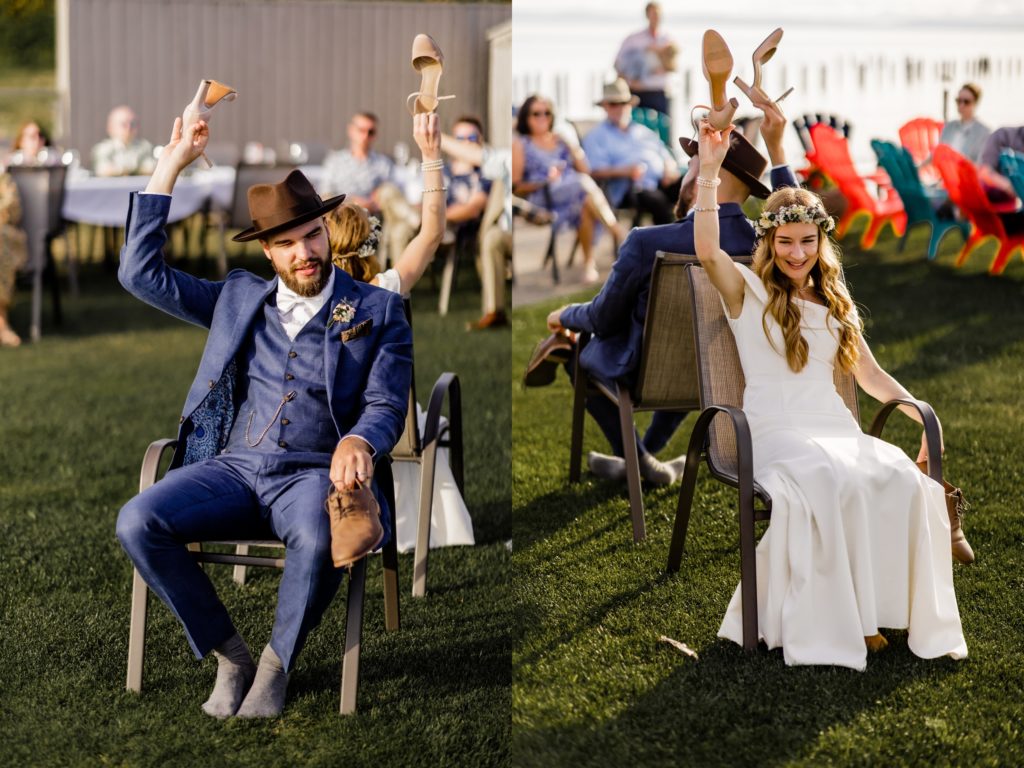 bride and groom play the shoe game at the reception