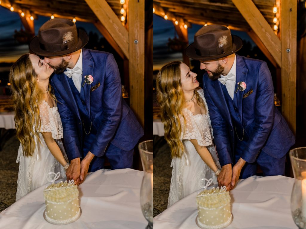 bride and groom kiss as they cut their cake
