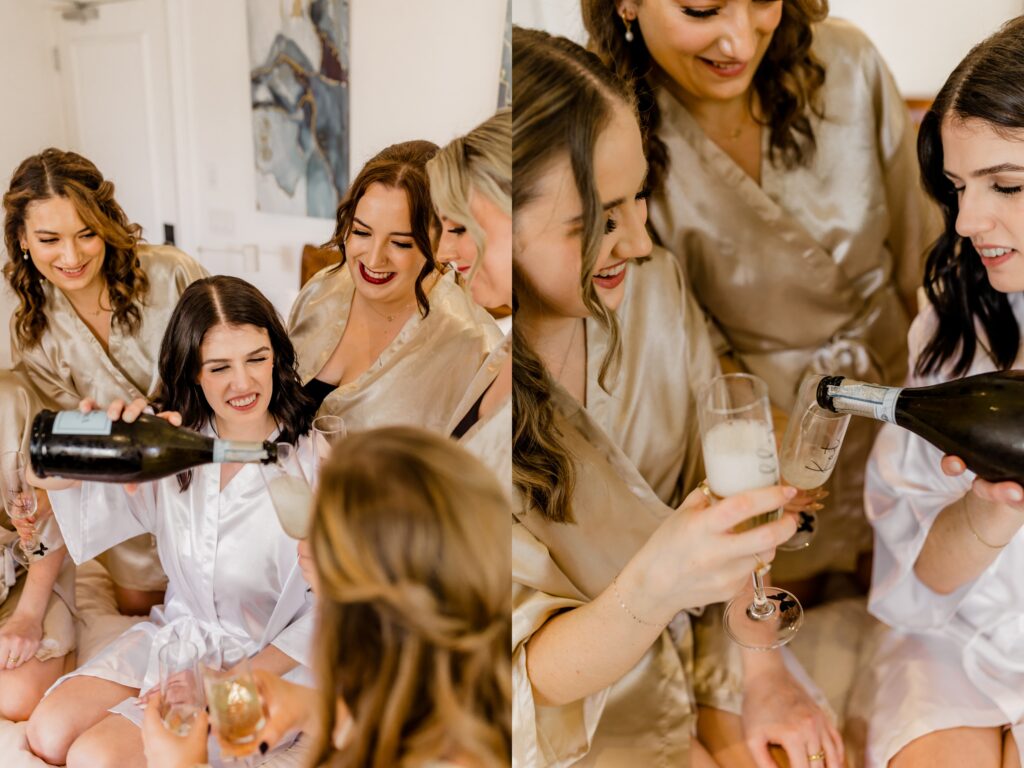 bridesmaid getting ready with champagne