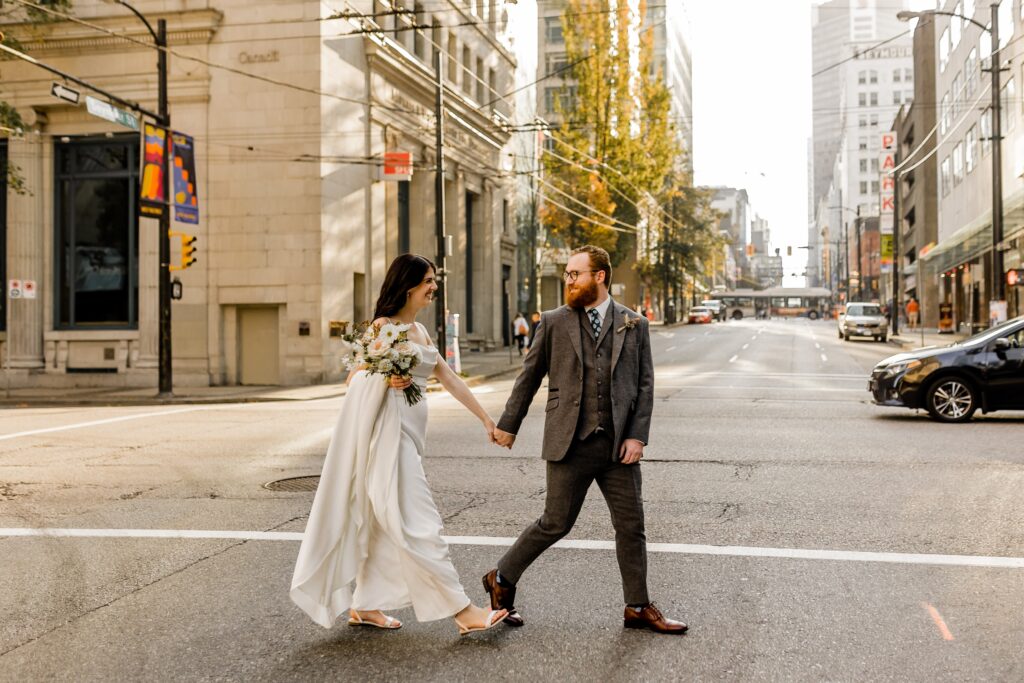 bride and groom portraits in downtown vancouver