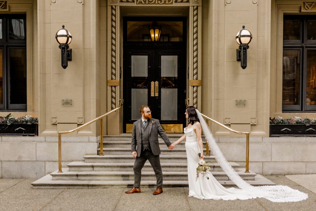 bride and groom portraits in downtown vancouver