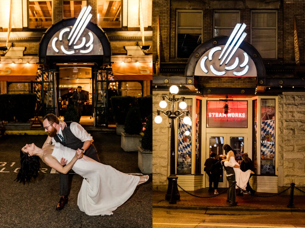 groom and bride in front of steamworks brewpub sign